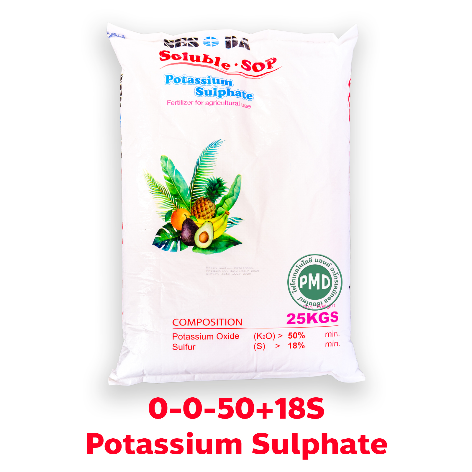 K2SO4 Potassium Sulphate SOP ปุ๋ยเกล็ด 0-0-50 +18S ปุ๋ยหวาน บำรุงผลให้มีรสหวาน น้ำหนักดี มีกลิ่นหอม (ไต้หวัน) บรรจุ 25 กิโลกรัม