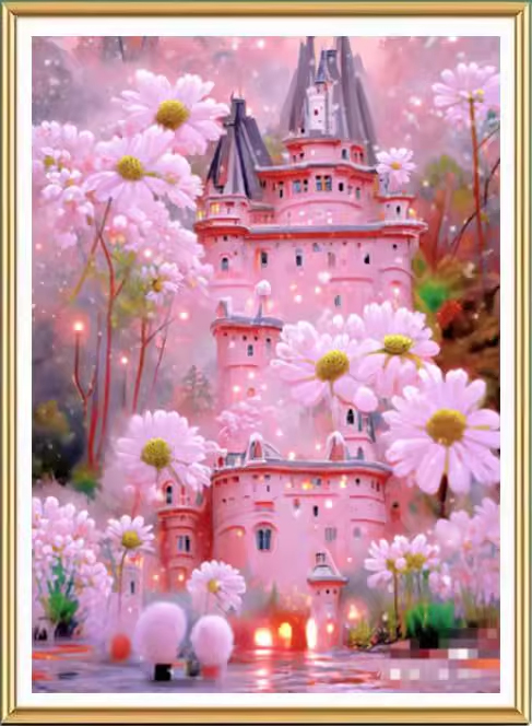 home-1013 *พร้อมส่ง* ชุดปักครอสติช ลายปราสาทดอกเดซี่ (ปักเต็มผืนผ้า ไม่มีเดินเส้น ผ้า9CTพิมพ์ลาย ปัก 4 เส้นเล็ก) ขนาด 65*80 ซม.ผ้าครอสติช 9CTพิมพ์ลายปักบนผ้า ไหมคอตตอน 46 สี ผังลาย เข็ม