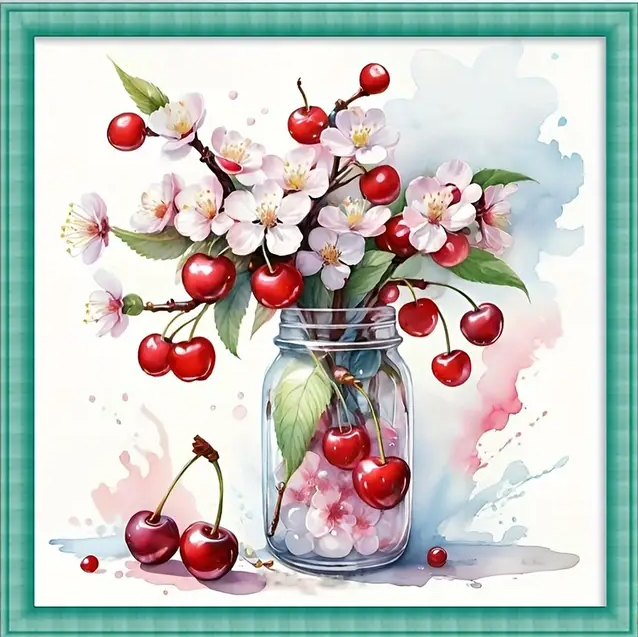 vase-1001 *สินค้าหมด* ชุดปักครอสติช ลายแจกันช่อเชอรี่ (ปักเต็มผืนผ้า ไม่มีเดินเส้น ผ้า11CTพิมพ์ลาย ปัก 3 เส้นเล็ก) ขนาด 40*40 ซม.ผ้าครอสติช 11CTพิมพ์ลายปักบนผ้า ไหมคอตตอน 35 สี ผังลาย เข็ม