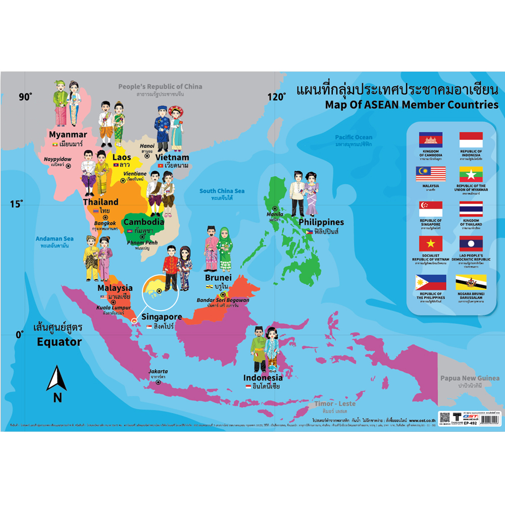 Maps of ASEAN Countries with their National Flags and Costumes Posters No.492