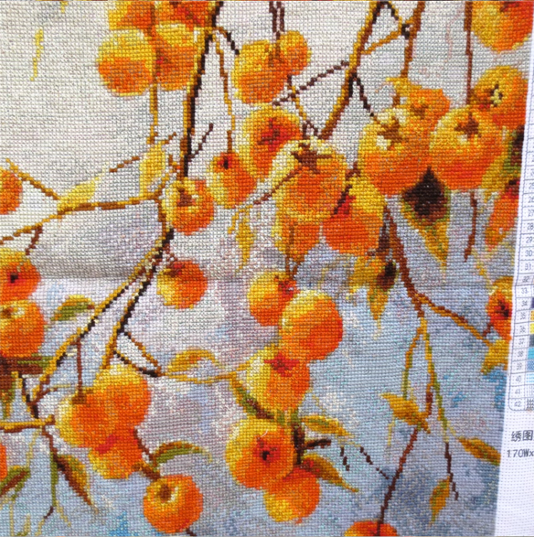 fruit-1104 *สินค้าหมด* ชุดปักครอสติช ลายช่อลูกพลับ (ปักเต็มผืนผ้า ไม่มีเดินเส้น ผ้า11CTพิมพ์ลาย ปัก 3 เส้นเล็ก) ขนาด 50*70 ซม.ผ้าครอสติช 11CTพิมพ์ลายปักบนผ้า ไหมคอตตอน 42 สี ผังลาย เข็ม