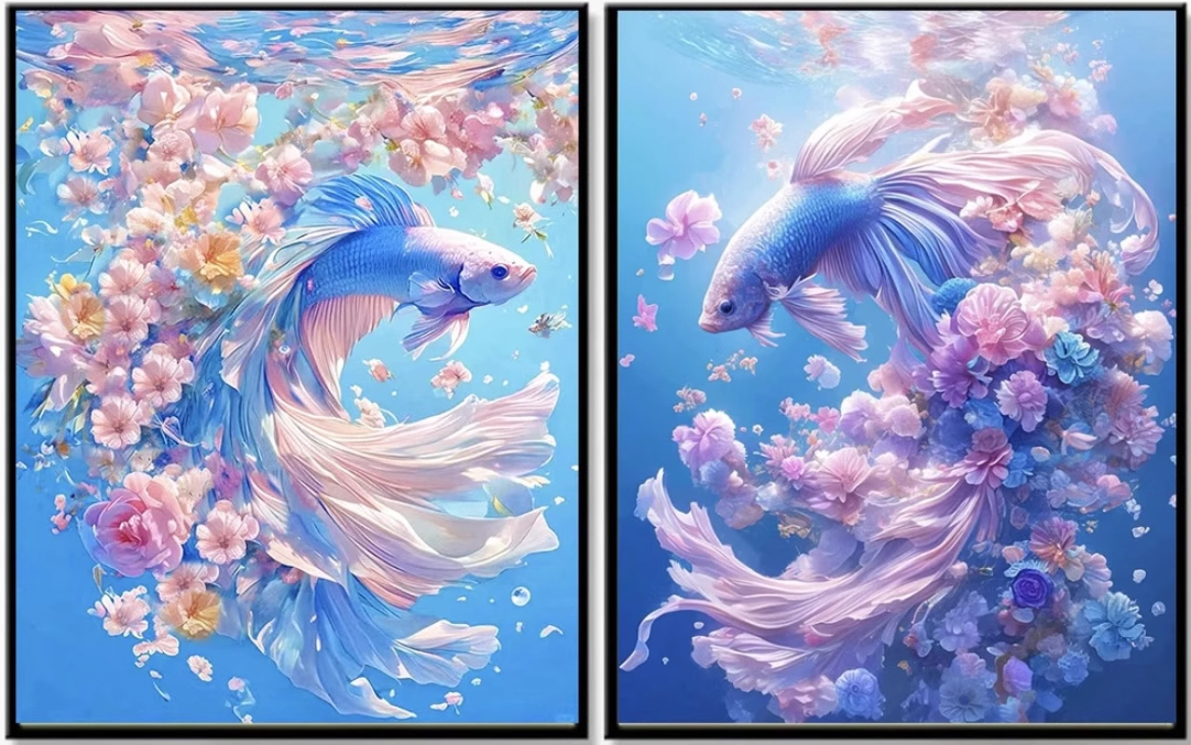 pla-1121 *สินค้าหมด* ชุดปักครอสติช ลายเซต 2 ชิ้น คู่ปลากัด (ปักเต็มผืนผ้า ไม่มีเดินเส้น ผ้า9CTพิมพ์ลาย ปัก 4 เส้นเล็ก) ขนาดภาพละ 65*80 ซม.ผ้าครอสติช 11CTพิมพ์ลายปักบนผ้า+ไหมคอตตอน 89 สี+ผังลาย+เข็ม