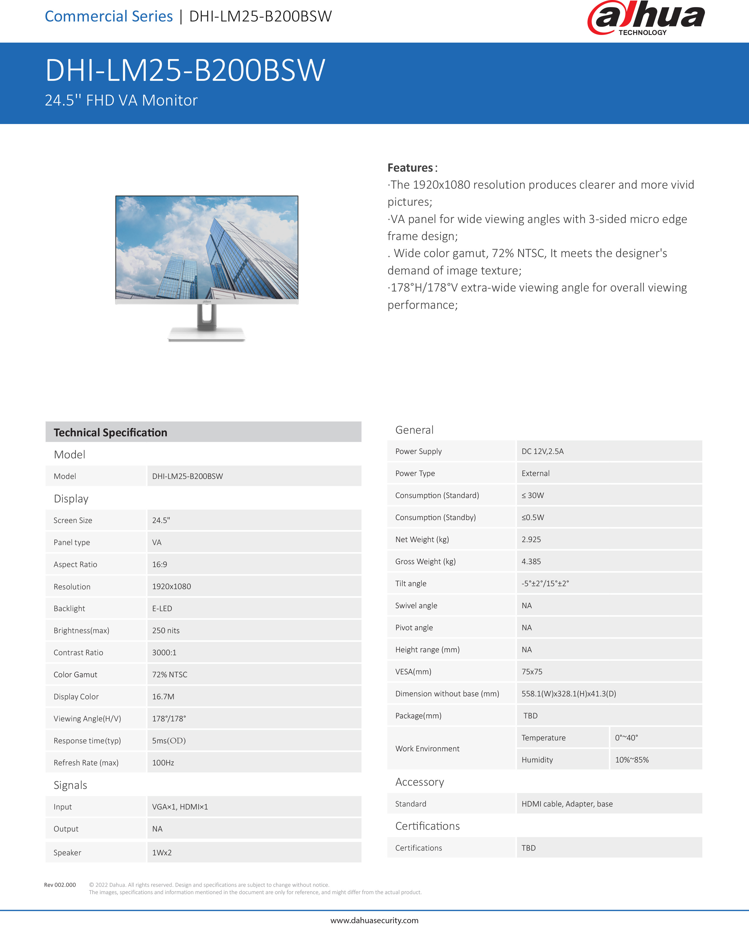 DAHUA LM25-B200BSW 24.5'' FHD Monitor 100Hz Refresh Rate : VGA×1, HDMI×1 Built-In Speaker BY BILLIONAIRE SECURETECH LM25-B200BSW