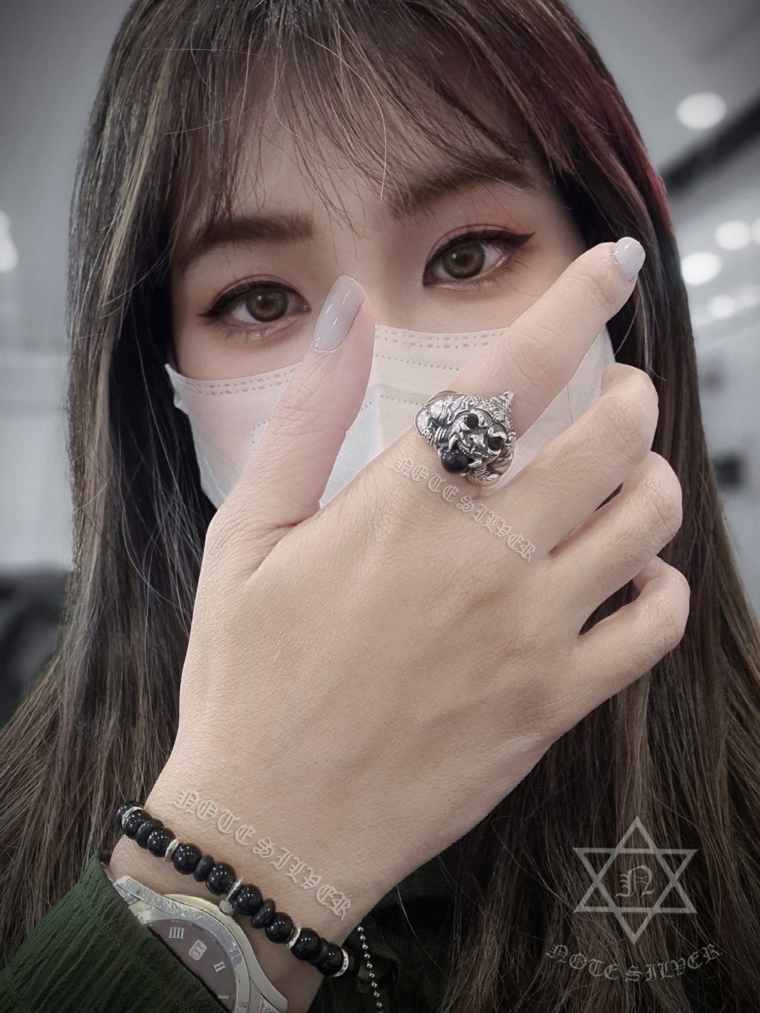 แหวนเงินแท้ราหู ฝังนิลแท้ทรงกลม Sterling Silver 925 NSRG1429