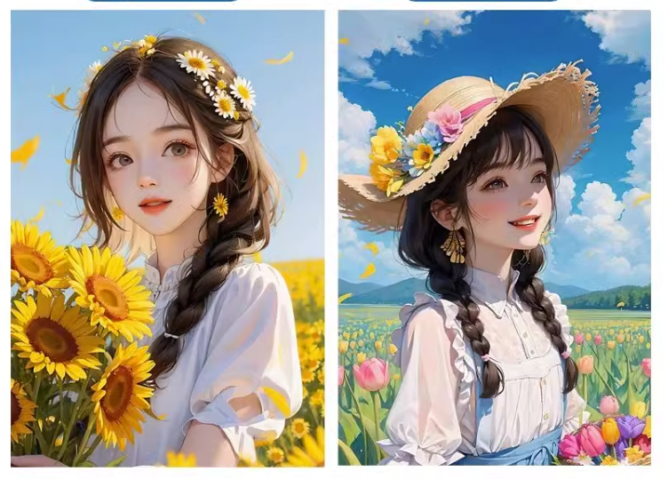 lady-1100 *สินค้าหมด*ชุดปักครอสติช ลายเซต 2 ชิ้น สาวน้อยในสวนดอกไม้ (ปักเต็มผืนผ้า ไม่มีเดินเส้น ปักครั้งละ 3 เส้นเล็ก) ขนาดภาพละ 43*57 ซม.ผ้าครอสติช 11CTพิมพ์ลายปักบนผ้า ไหมคอตตอน 90 สี ผังลาย เข็ม