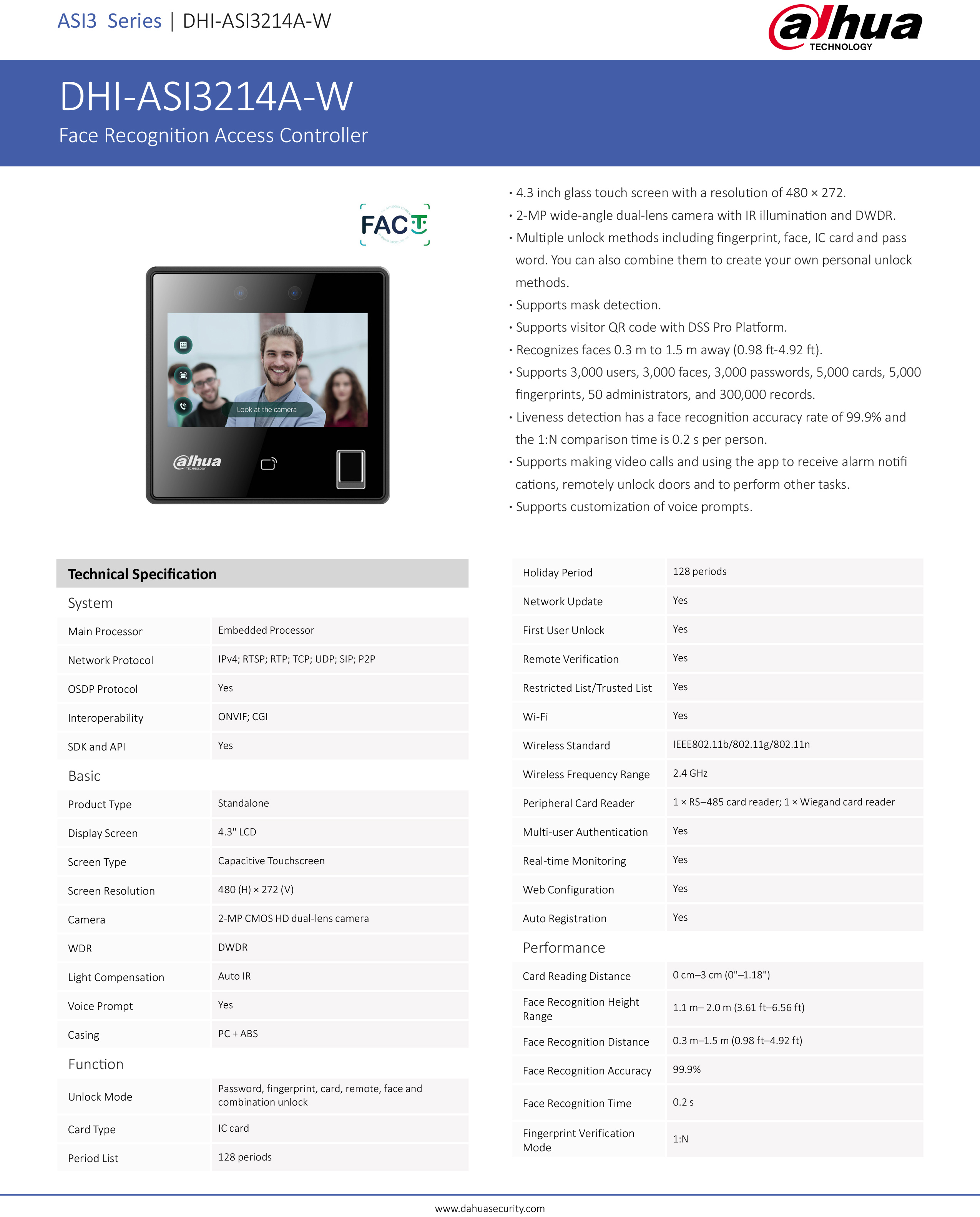 DAHUA ASI3214A-W Face Recognition Access Controller : รองรับการสแกนหน้า, บัตร, สแกนลายนิ้วมือ BY BILLIONAIRE SECURETECH ASI3214A-W