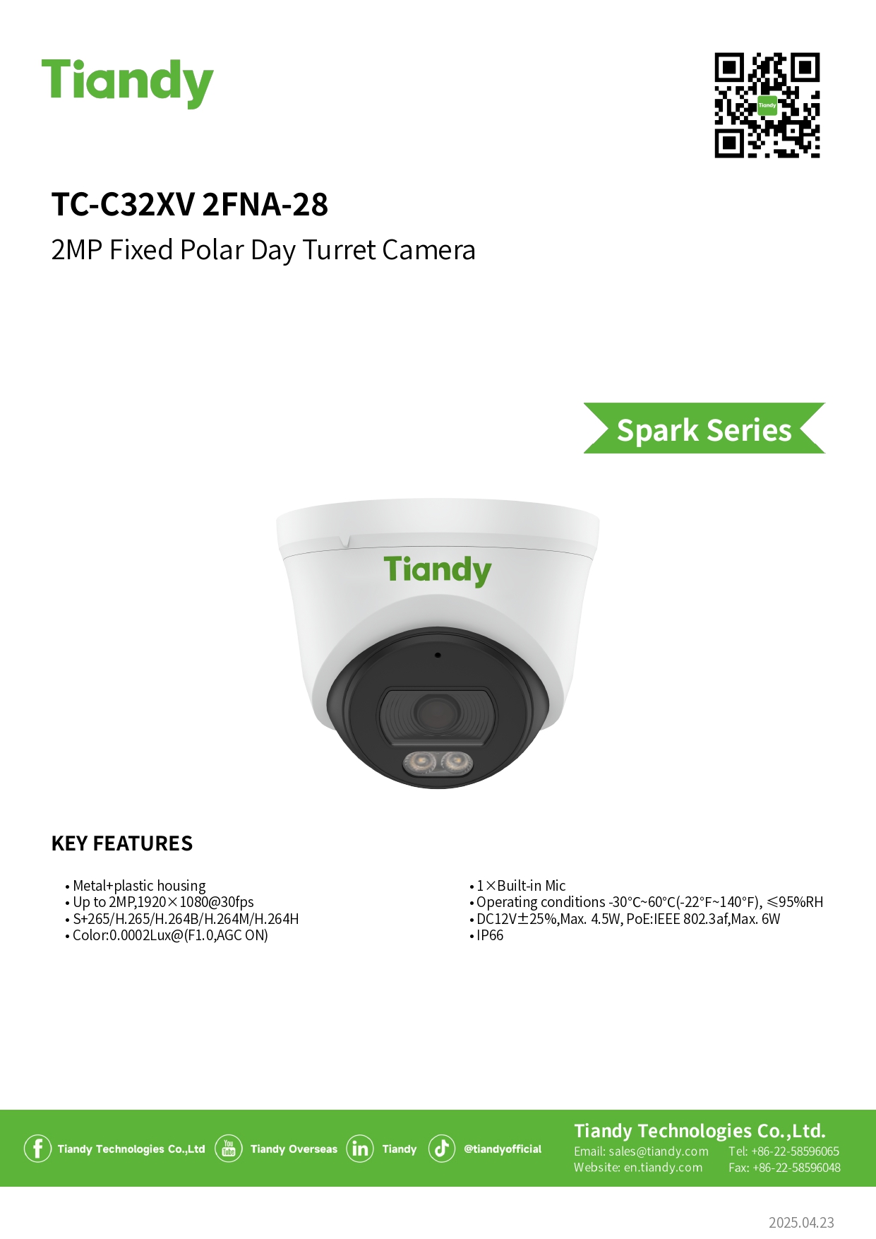 TIANDY TC-C32XV 2FNA-28 (2.8MM.) กล้องวงจรปิด IP Camera 2MP WDR, Smart Alarm, มีไมค์ในตัว BY BILLIONAIRE SECURETECH TIANDY TC-C32XV 2FNA-28 (2.8MM.)