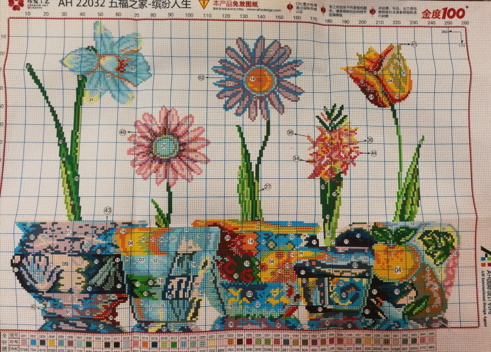 vase-1015 *พร้อมส่ง* ชุดปักครอสติช ลายกระถางดอกไม้หลากสี (ไม่มีเดินเส้น ไม่มีผังลาย พิมพ์ผังลายบนผ้าเลย ผ้า11CTพิมพ์ลาย ปัก 3 เส้นเล็ก) ขนาด 70*50 ซม.ผ้าครอสติช 11CTพิมพ์ลายปักบนผ้า+ไหมคอตตอน 45 สี+เข็ม