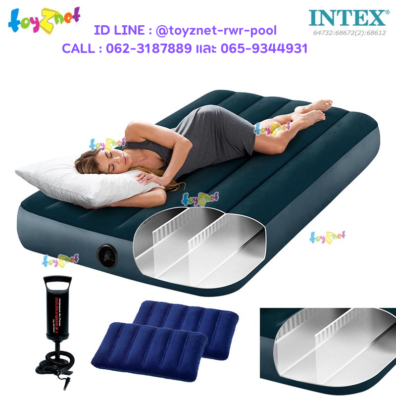 Intex "New Structure - More Comfortable" Dura-Beam Fiber-Tech Airbed 3.5ft (Twin) 0.99x1.91x0.25 m. Midnight Green No.64732 + 2 Pillow & DQI Air Pump