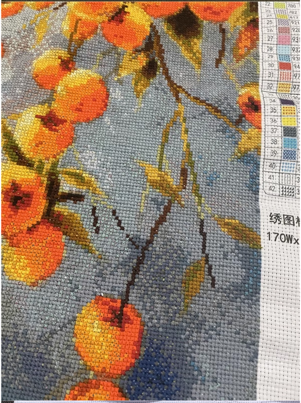 fruit-1104 *สินค้าหมด* ชุดปักครอสติช ลายช่อลูกพลับ (ปักเต็มผืนผ้า ไม่มีเดินเส้น ผ้า11CTพิมพ์ลาย ปัก 3 เส้นเล็ก) ขนาด 50*70 ซม.ผ้าครอสติช 11CTพิมพ์ลายปักบนผ้า ไหมคอตตอน 42 สี ผังลาย เข็ม