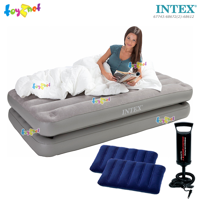Intex 2-In-1 Airbed 3.5ft (Twin) 0.99x1.91x0.46 m Grey no.67743 + 2 Pillows & DQI Air Pump