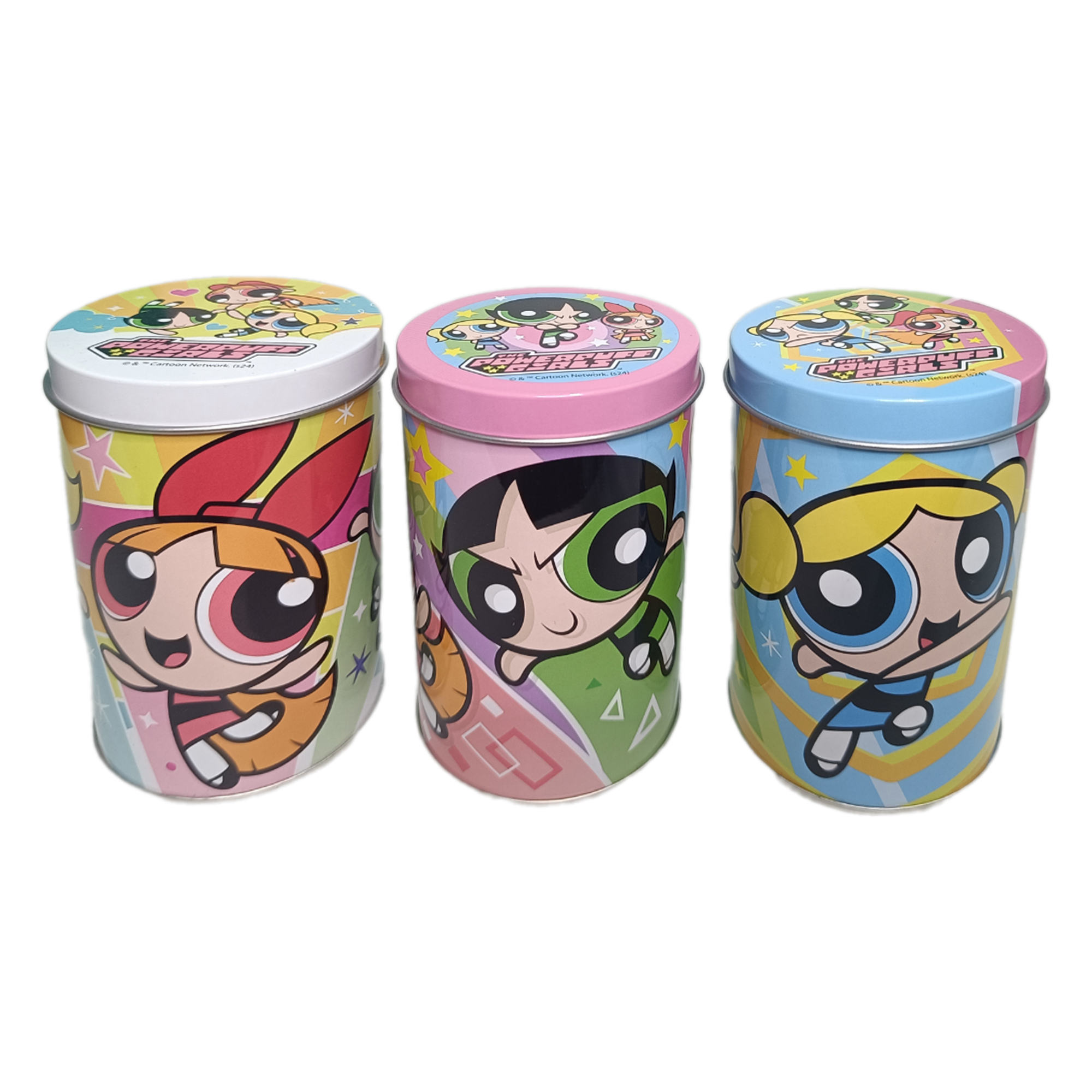Tin Cylinder Box The Powerpuff Girls กล่องเหล็กเดอะพาวเวอร์พัฟฟ์เกิลส์ กระป๋องทรงกระบอกลายการ์ตูน
