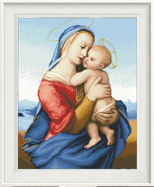 tep-1088 *สินค้าหมด* ชุดปักครอสติช ลายภาพวาดพระแม่มารีย์ Madonna and Child (งานปักเต็มลาย ไม่มีเดินเส้น) ขนาด 46*58 ซม.ผ้าครอสติช 11CTพิมพ์ลายปักบนผ้า ไหมคอตตอน 33 สี ผังลาย เข็ม