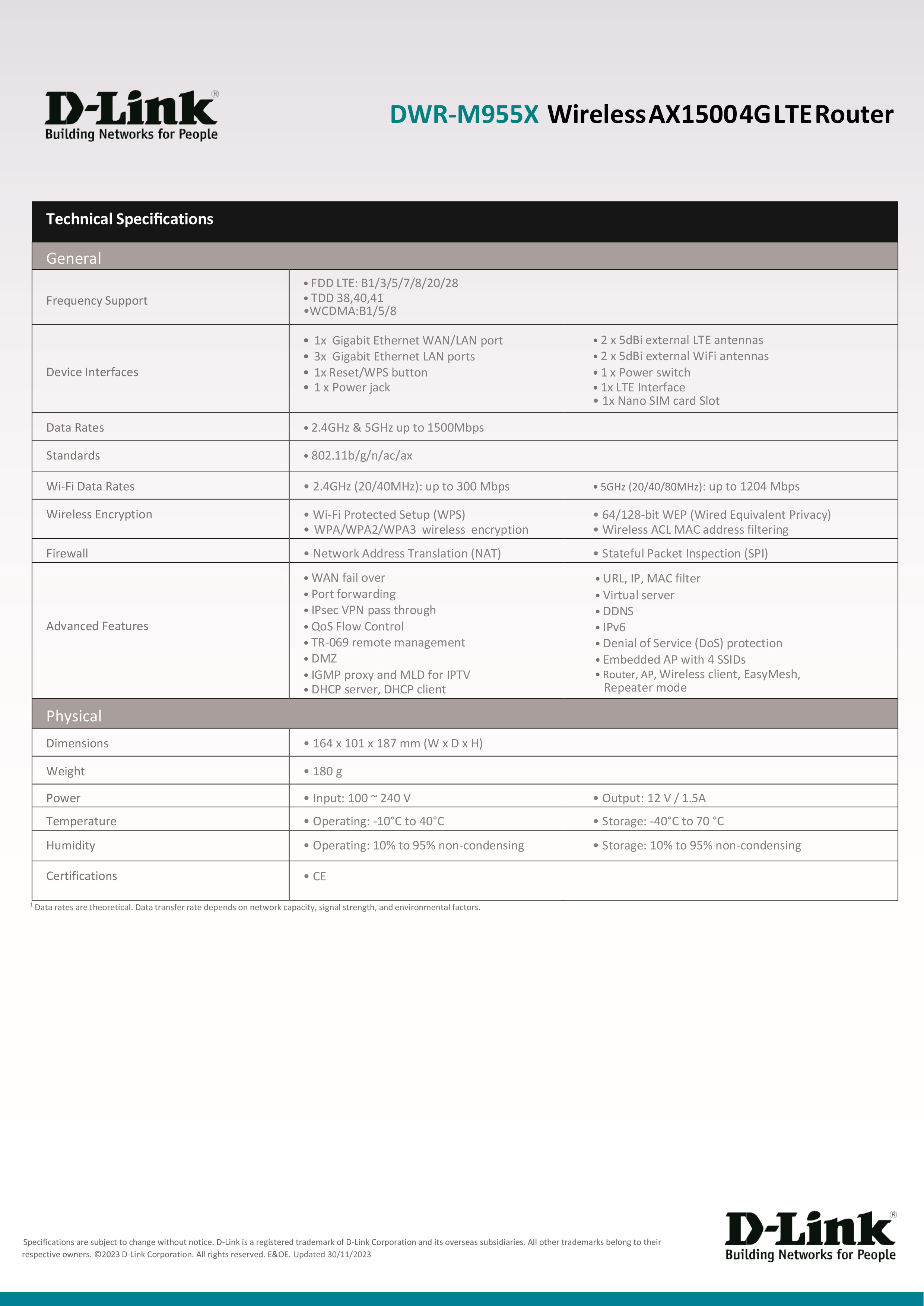D-LINK DWR-M955X : 4G LTE Wi-Fi 6 AX1500 Gigabit Mobile Router BY BILLIONAIRE SECURETECH DWR-M955X