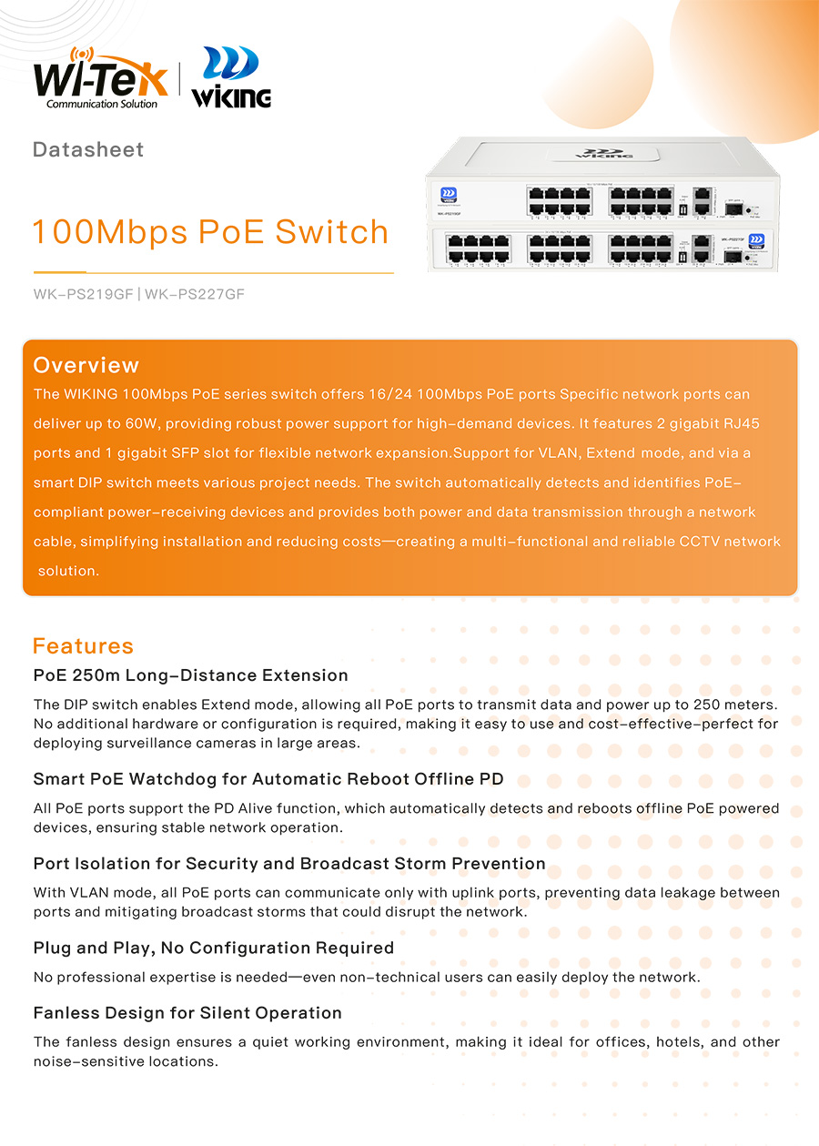 WI-TEK WK-PS219GF POE SWITCH 16 Fast PoE, 2 Gigabit Uplink, 1 Gigabit SFP 180W BY BILLIONAIRE SECURETECH WK-PS219GF