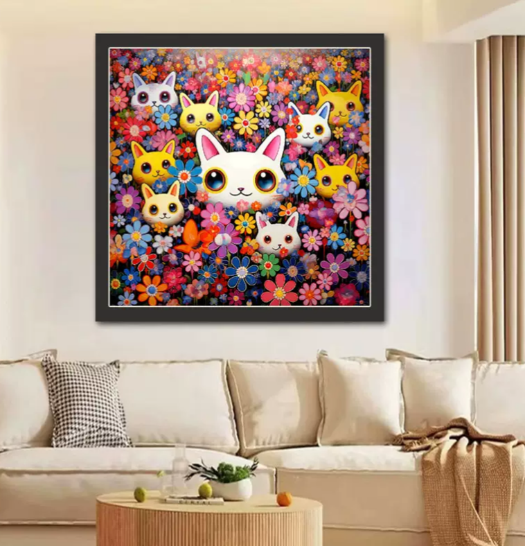 cat-1107 *สินค้าหมด* ชุดปักครอสติช ลายแมวน้อยดอกเดซี่ (ปักเต็มผืนผ้า ไม่มีเดินเส้น ผ้า11CTพิมพ์ลาย ปัก 3 เส้นเล็ก) ขนาด 61*61 ซม. ผ้าครอสติช 11CTพิมพ์ลายปักเต็มลายผ้า ไหมคอตตอน 39 สี ผังลาย เข็ม