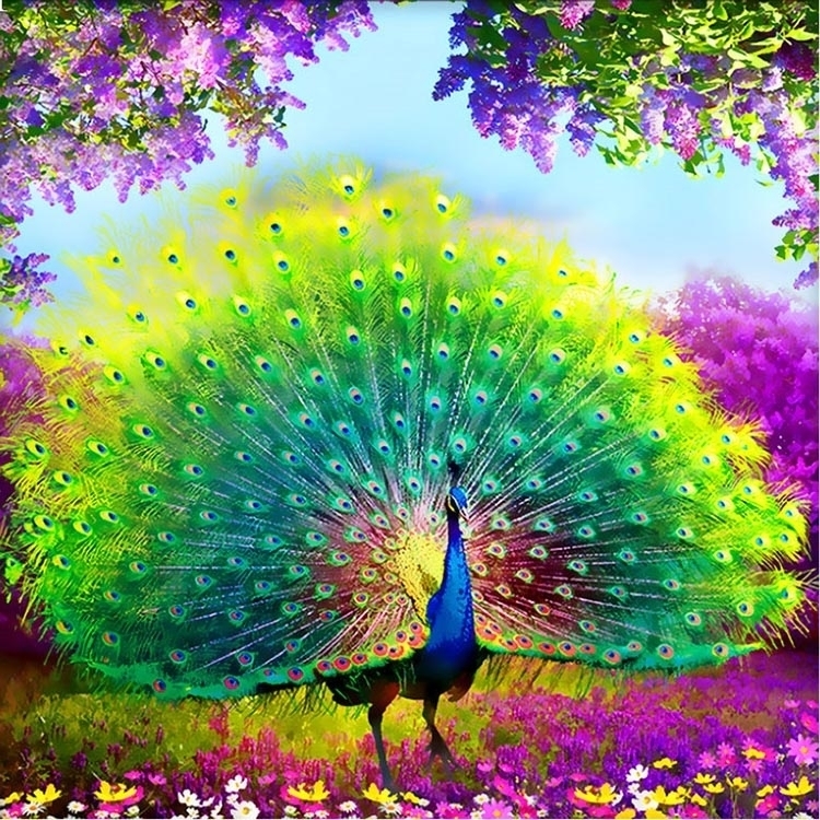 peacock-2009 *สินค้าหมด* ชุดภาพติดคริสตัลกลม ลายนกยูงรำแพน ( งานติดเต็มภาพ ) ขนาด 40*40 ซม. ผ้าแคนวาสลงผังลายเต็ม คริสตัลกลม 24 สี อุปกรณ์ในการติดครบชุด
