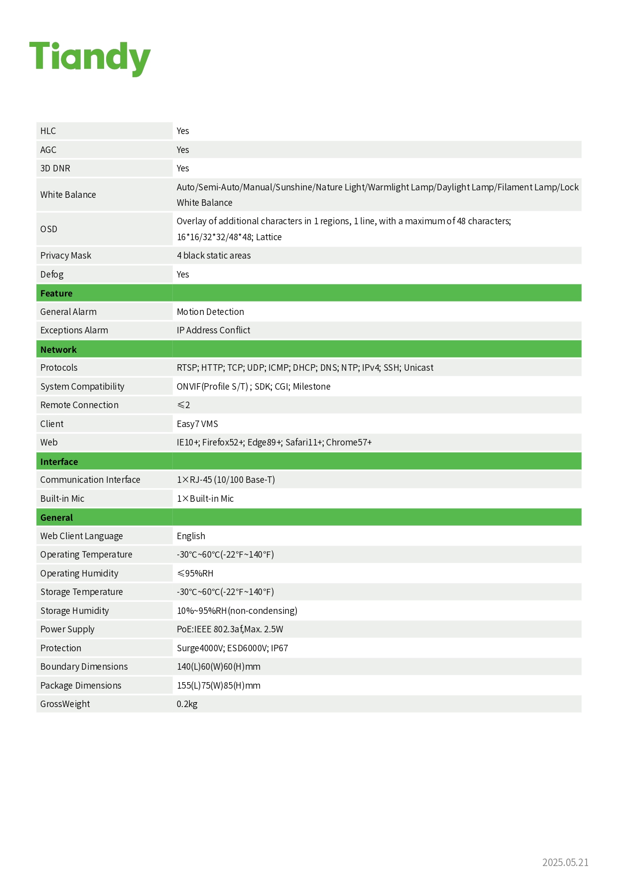 TIANDY TC-C321N 1ANB-28 (2.8MM.) กล้องวงจรปิด IP Camera 2MP IR range up to 30M., มีไมค์ในตัว BY BILLIONDAIRE SECURETECH TC-C321N 1ANB-28 (2.8MM.)