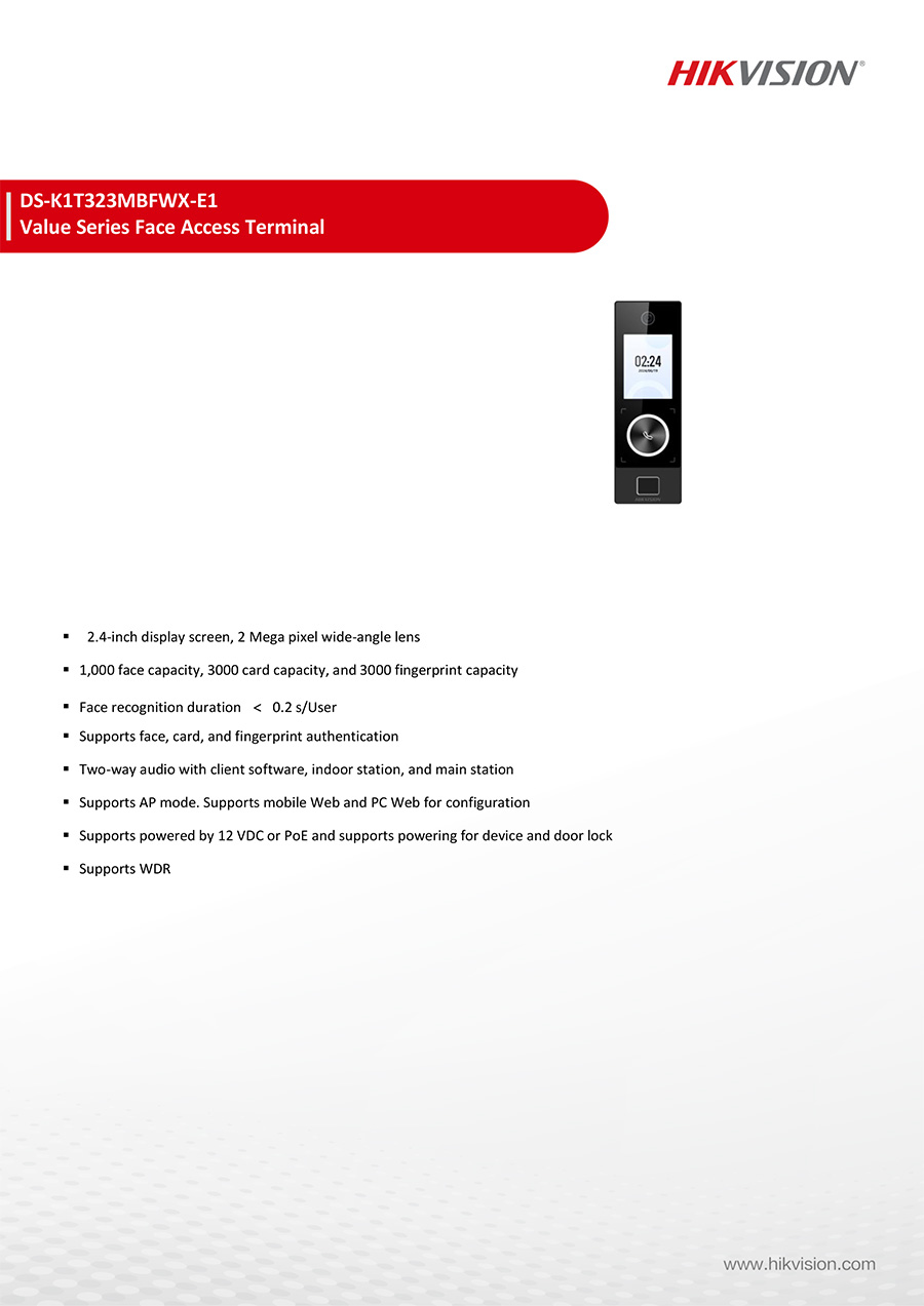 HIKVISION DS-K1T323MBFWX-E1 Face Access Terminal เครื่องสแกนใบหน้า รองรับ 1,000 ใบหน้า / 3,000 นิ้วมือ / 3,000 บัตร ควบคุมประตูเปิด-ปิด BY BILLIONAIRE SECURETECH DS-K1T323MBFWX-E1