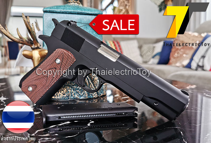 ปืนอัดลมเหล็ก ชักยิงทีล่ะนัด Colt 1911 สีดำ ลำกล้องยาว 7.5 นิ้ว นกสับได้ เซพตี้สไลน์ แมคเหล็ก หนัก 588 กรัม ใช้ลูกกระสุนพลาสติก 6 มิล