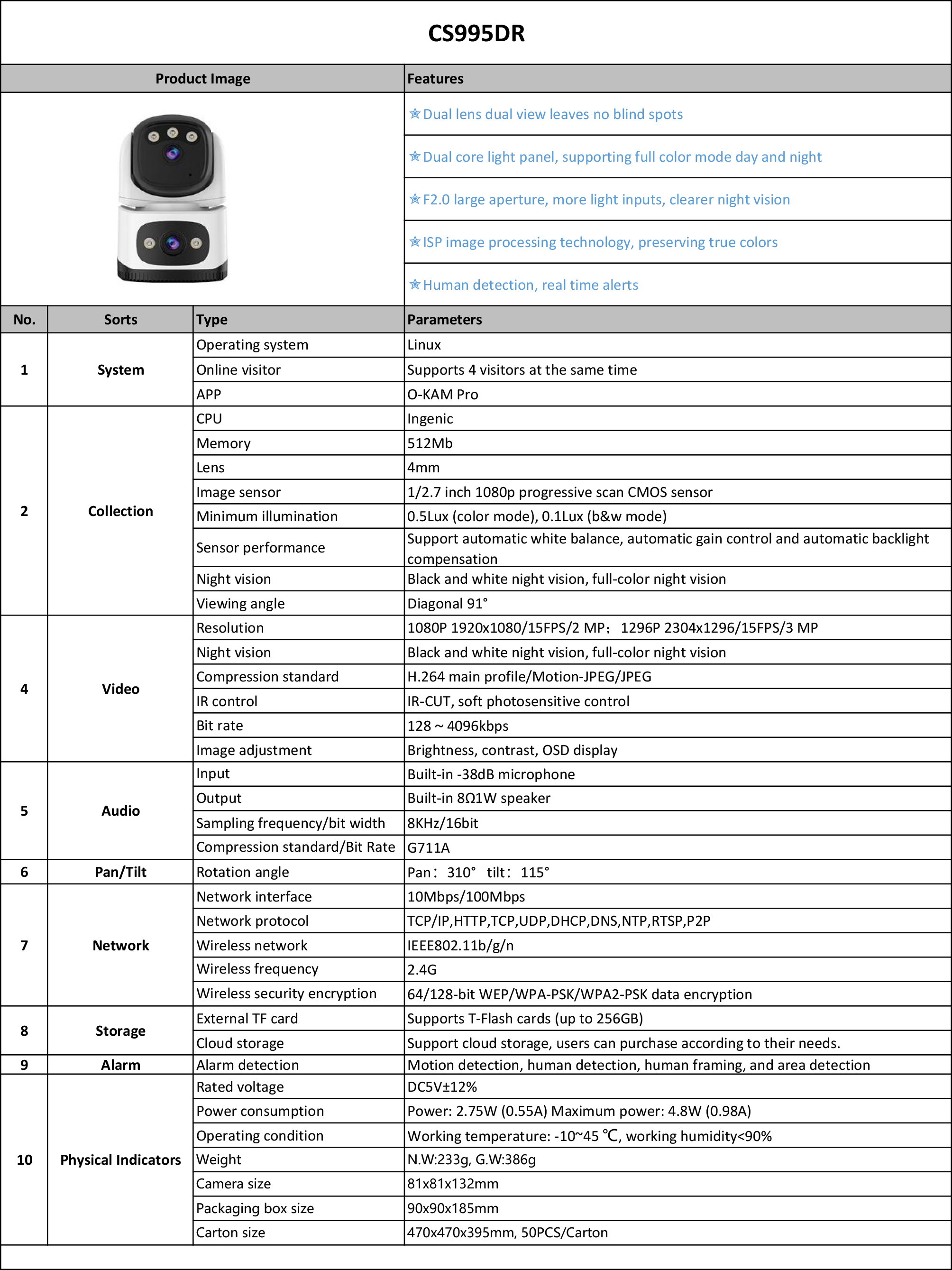 Vstarcam CS995DR กล้องวงจรปิดระบบ IP WIFI 2 MP Color Night Vision กล้องเลนส์คู่ มีไมค์และลำโพงในตัว BY BILLIONAIRE SECURETECH CS995DR