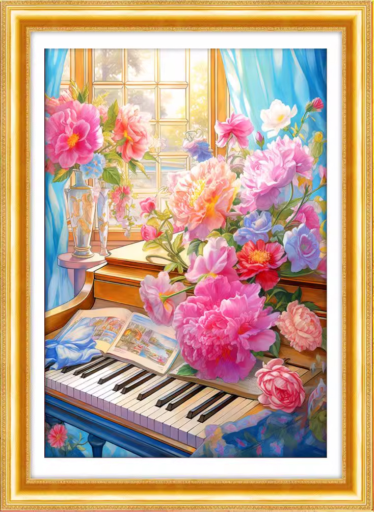 botan-1144 *สินค้าหมด* ชุดปักครอสติช ลายช่อโบตั๋นบนโต๊ะเปียโน (ปักเต็มผืนผ้า ไม่มีเดินเส้น ผ้า11CTพิมพ์ลาย มีประกาย ปัก 3 เส้นเล็ก) ขนาด 50*68 ซม.ผ้าครอสติช 11CTพิมพ์ลายปักบนผ้า ไหมคอตตอน 60 สี ผังลาย เข็ม
