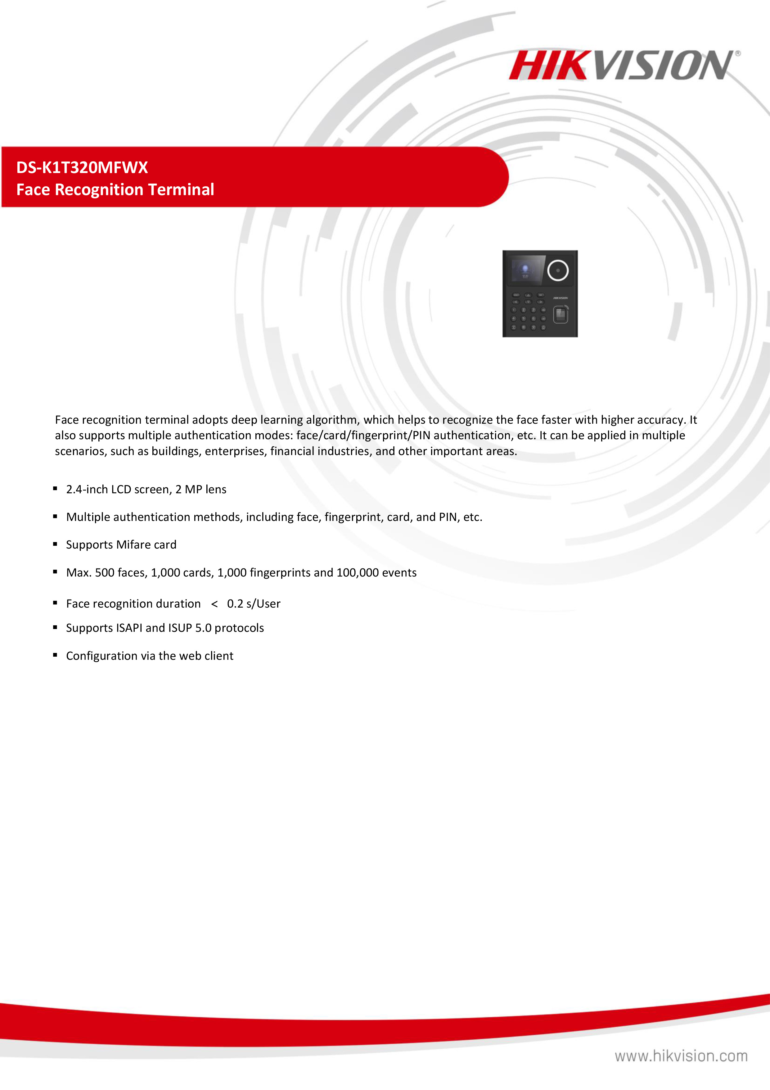 HIKVISION DS-K1T320MFWX เครื่องสแกนใบหน้า Face Access Terminal หน้าจอ 2.4" 500 faces, 1,000 cards, 1,000 fingerprints and 100,000 events BY BILLIONAIRE SECURETECH DS-K1T320MFWX