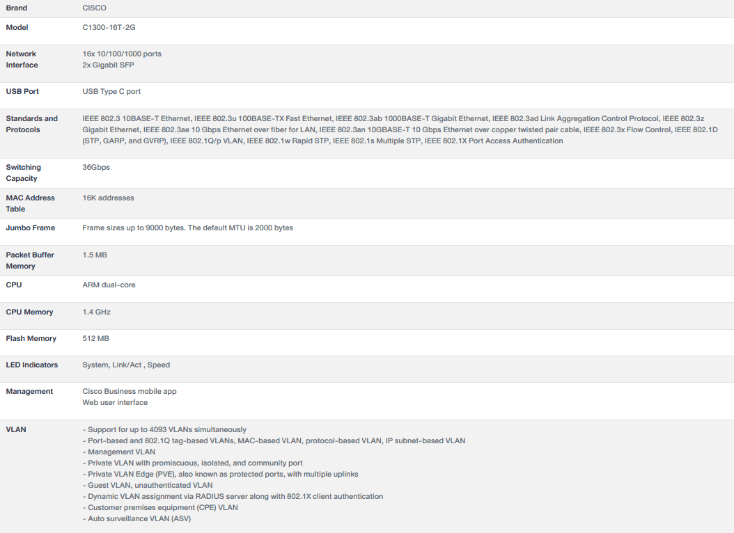 CISCO C1300-16T-2G Gigabit Switch 16x 10/100/1000 ports, 2x Gigabit SFP BY BILLIONAIRE SECURETECH CISCO C1300-16T-2G