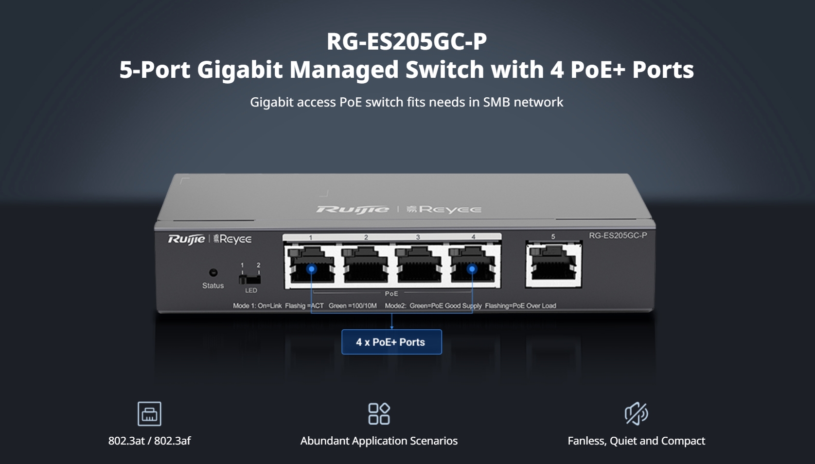 RUIJIE RG-ES205GC-P : 5-Port Gigabit Smart Cloud Mananged PoE Switch RG-ES205GC-P