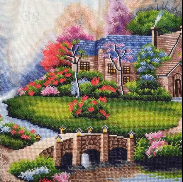 home-1101 *สินค้าหมด* ชุดปักครอสติช ลายบ้านสวยริมลำธาร (ปักเต็มผืนผ้า ไม่มีเดินเส้น ปักครั้งละ 3 เส้นเล็ก) ขนาด 65*50 ซม.ผ้าครอสติช 11CTพิมพ์ลายปักบนผ้า ไหมคอตตอน 42 สี ผังลาย เข็ม