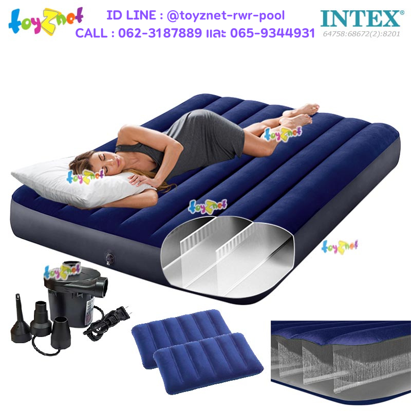 Intex Dura-Beam Fiber-Tech Airbed 4.5ft (Full) 1.37x1.91x0.25 m Blue no.64758 + 2 Pillows & Elec. Air Pump