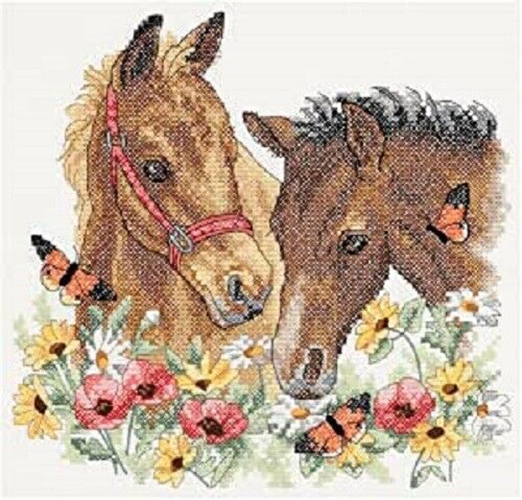 maa-1103 *สินค้าหมด* ชุดปักครอสติช ลายม้าคู่ (ผ้า11CTพิมพ์ลาย ปักครั้งละ 3 เส้นเล็ก) ขนาด 35*32 ซม.ผ้าครอสติช 11CTพิมพ์ลายปักบนผ้า ไหมคอตตอน 26 สี ผังลาย เข็ม