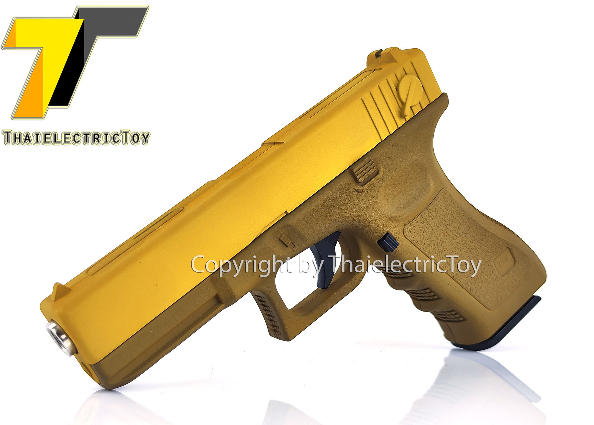 ปืนอัดลมเหล็ก Glock 17 สีทูโทน ชักยิงทีล่ะนัด ลำกล้องยาว 7 นิ้ว หนัก 668 กรัม ใช้ลูกกระสุนพลาสติก 6 มิล