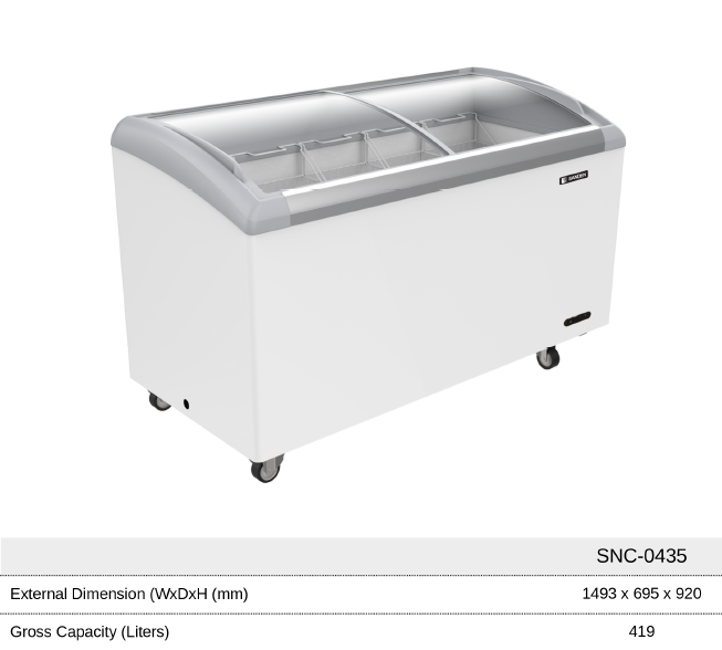 ตู้แช่แข็งฝากระจกโค้ง SANDEN SNC-0435 (14.8 คิว ) ขนาดภายนอกกว้าง 149.5 x 69.5x 92 ซม.