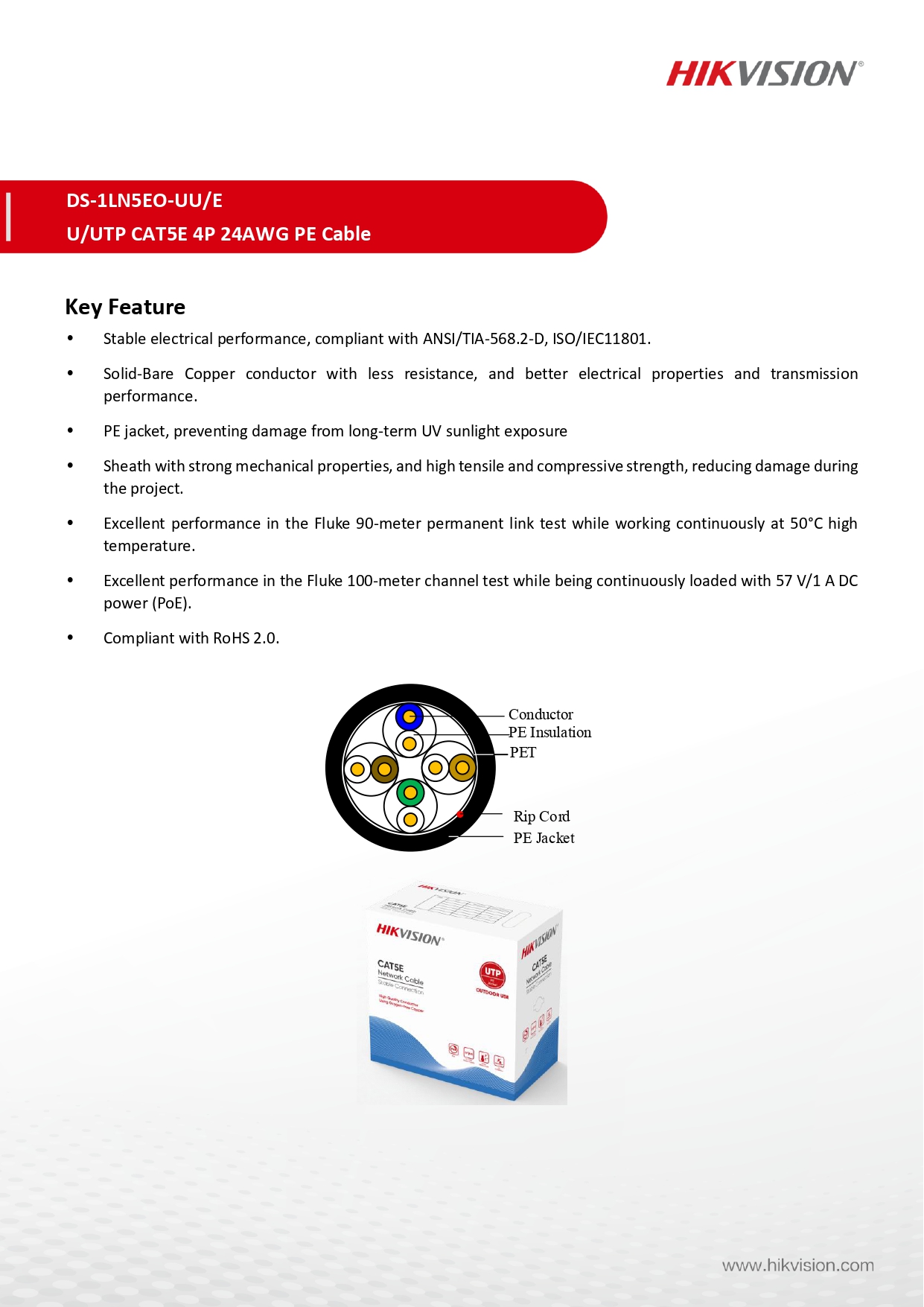 HIKVISION DS-1LN5EO-UU/E : 305 m CAT5E UTP Outdoor Network Cable BY BILLIONAIRE SECURETECH DS-1LN5EO-UU/E