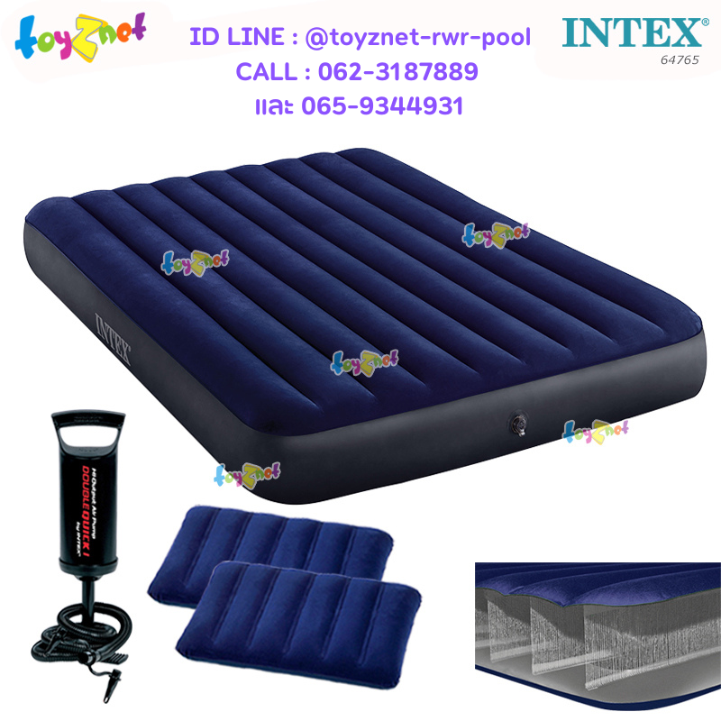 Intex Dura-Beam Airbed 5ft (Queen) 1.52x2.03x0.25 m Blue + 2 Pillows + DQI Air Pump no.64765