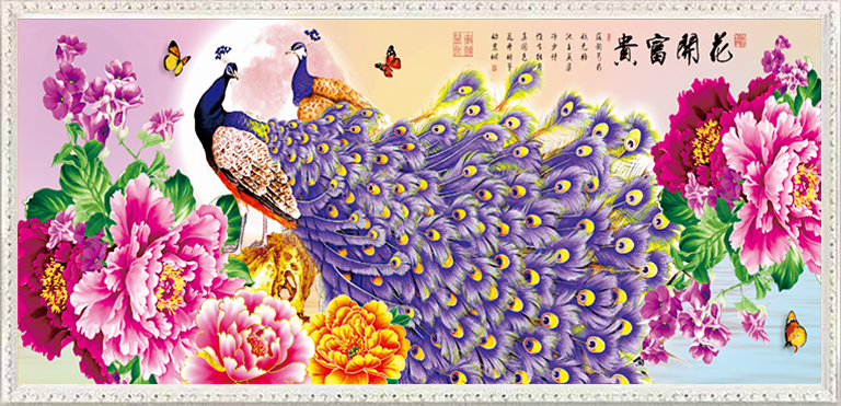 peacock-1127 *สินค้าหมด* ชุดปักครอสติช ลายคู่นกยูงม่วง (ปักเต็มผืนผ้า ปักครั้งละ 3 เส้นเล็ก) ขนาดใหญ่ 148*60 ซม.ผ้าครอสติช 11CTพิมพ์ลายปักบนผ้า ไหมคอตตอน 53 สี ผังลาย เข็ม