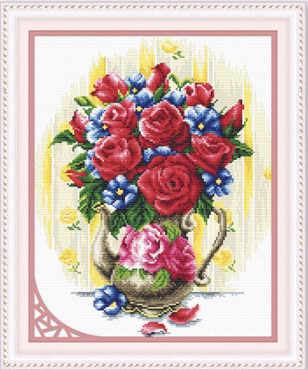 rose-1140 *สินค้าหมด* ชุดปักครอสติช ลายแจกันดอกกุหลาบ (ไม่มีเดินเส้น) ขนาด 41*52 ซม.ผ้าครอสติช 11CTพิมพ์ลายปักบนผ้า ไหมคอตตอน 39 สี ผังลาย เข็ม