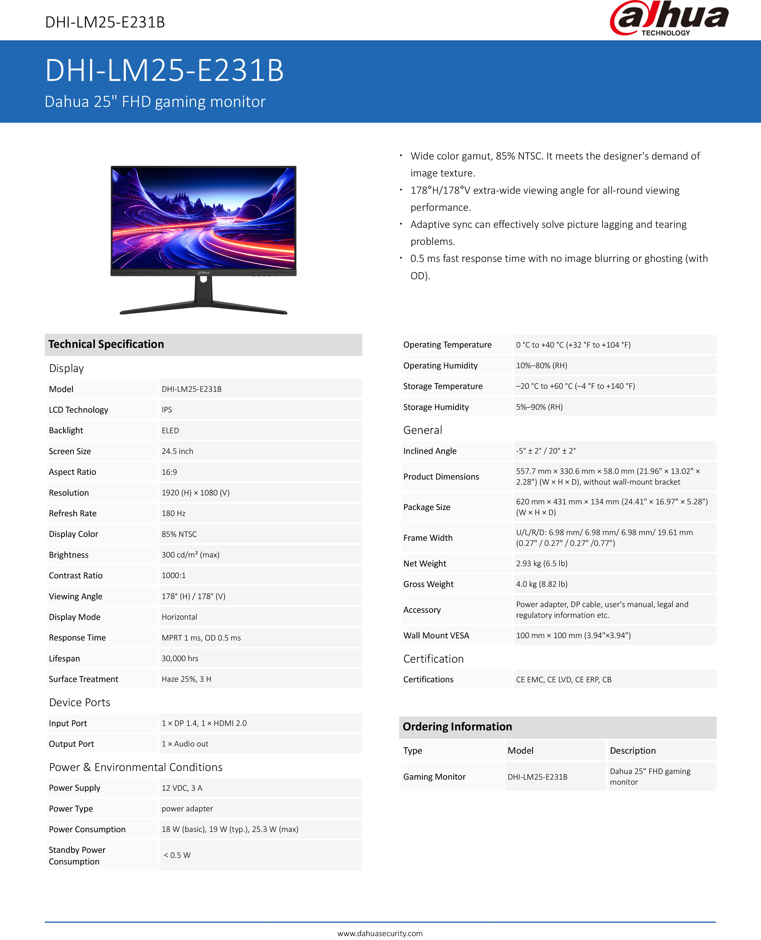 DAHUA LM25-E231B 25'' IPS FHD Gaming Monitor 180Hz Refresh Rate , Response Time MPRT 1 ms, OD 0.5 ms : 1×DP, 1×HDMI Built-In Speaker BY BILLIONAIRE SECURETECH LM25-E231B