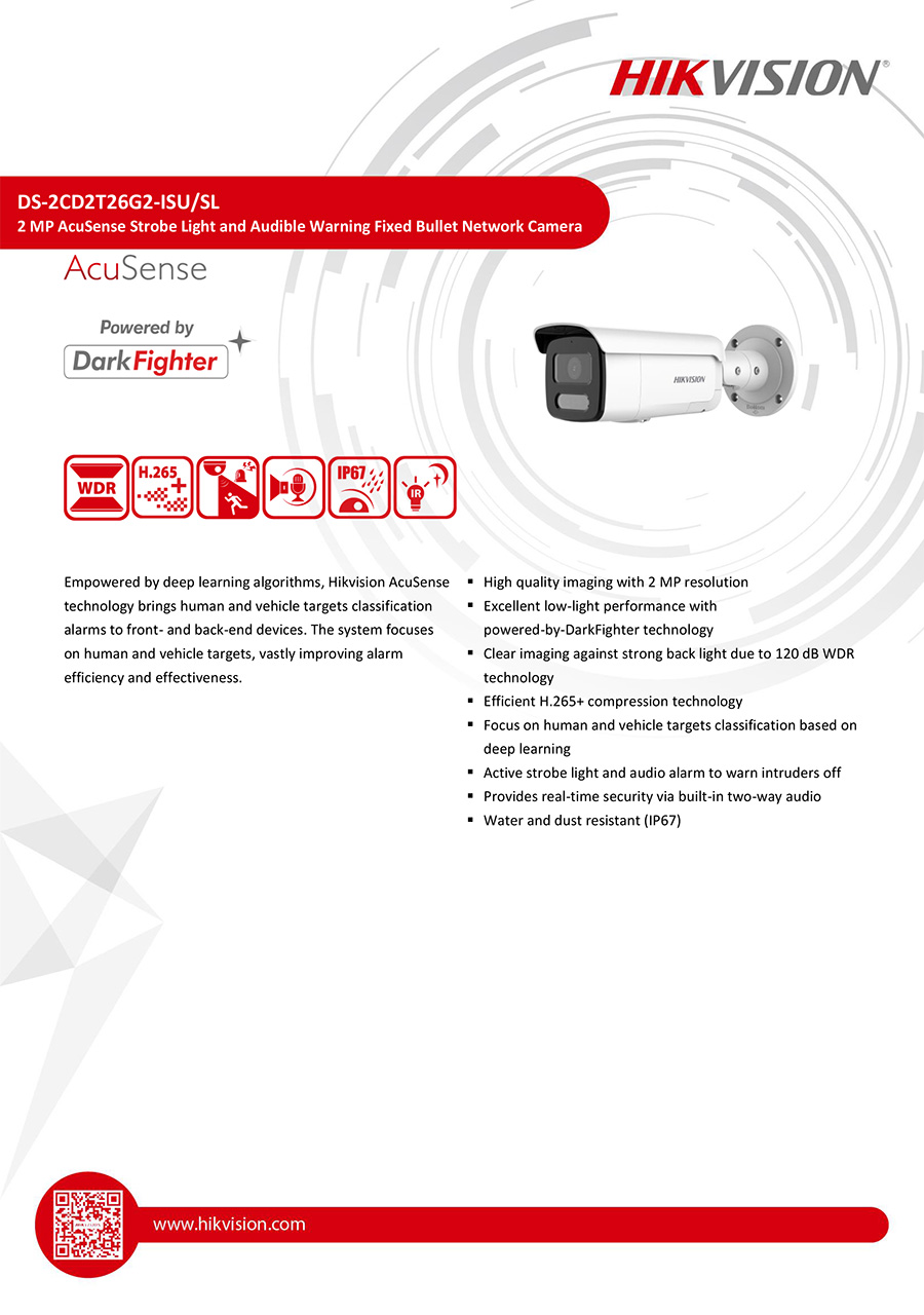 HIKVISION DS-2CD2T26G2-ISU/SL กล้องวงจรปิด IP CAMERA 2MP AcuSense Strobe Light and Audible Warning Fixed Bullet มีไมค์และลำโพงในตัว BY BILLIONAIRE SECURETECH DS-2CD2T26G2-ISU/SL