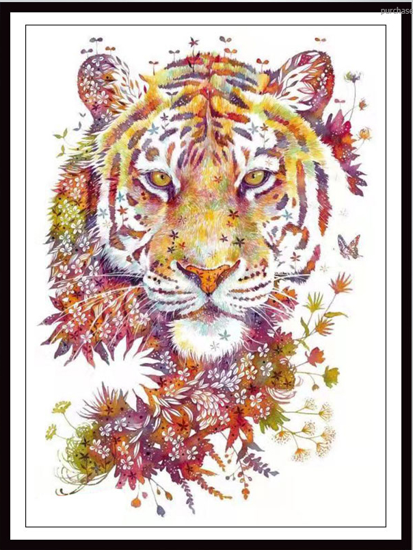 tiger-1021 *สินค้าหมด* ชุดปักครอสติช ลายเสือดอกไม้ (ไม่มีเดินเส้น ผ้า11CTพิมพ์ลาย ปัก 3 เส้นเล็ก) ขนาด 60*80 ซม.ผ้าครอสติช 11CTพิมพ์ลายปักบนผ้า ไหมคอตตอน 34 สี ผังลาย เข็ม