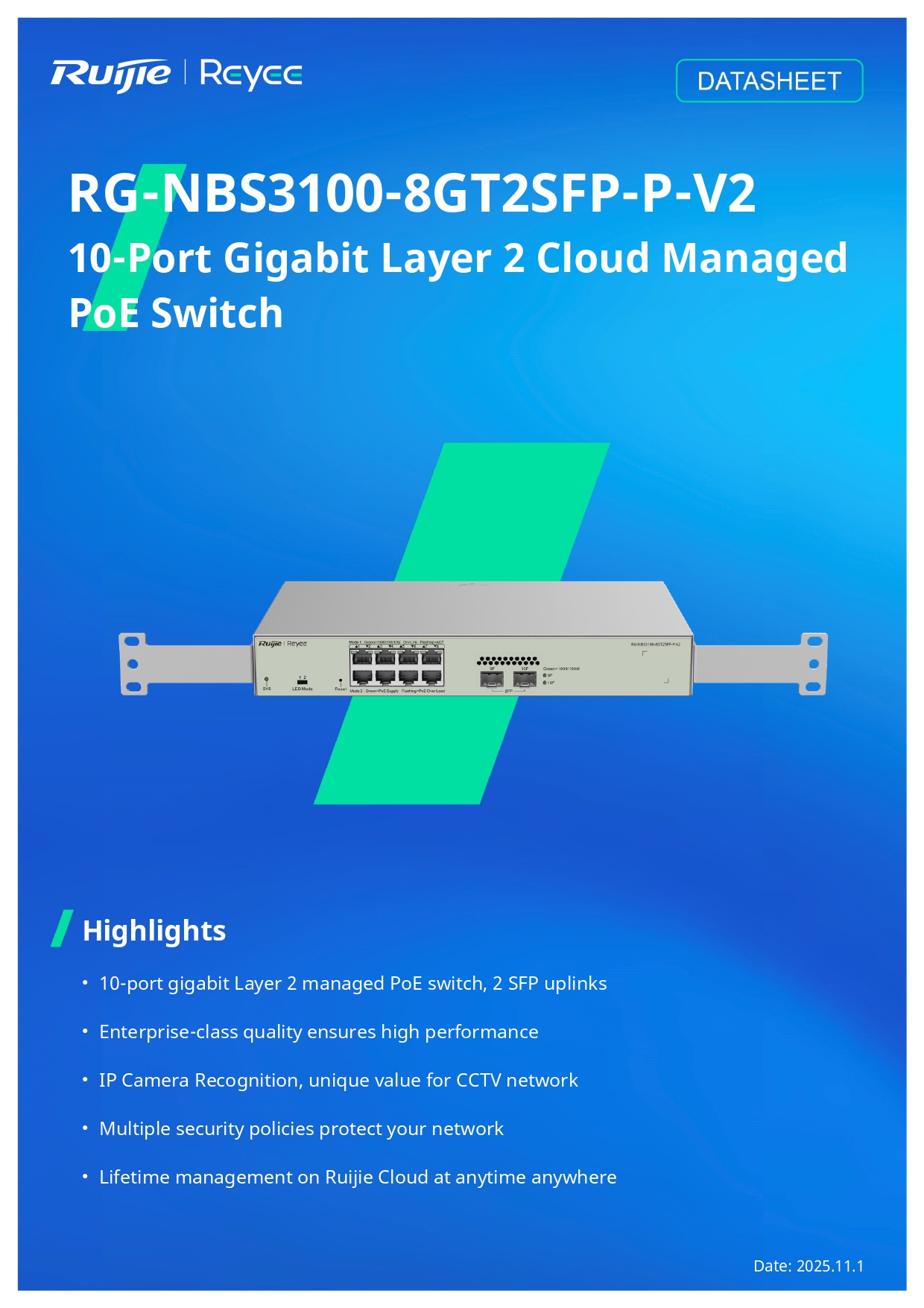 RUIJIE RG-NBS3100-8GT2SFP-P-V2 / 10 Port Gigabit Cloud Manage POE+ Switch Layer 2, 8 Port POE Gigabit + 2 Port SFP 125W BY BILLIONAIRE SECURETECH RG-NBS3100-8GT2SFP-P-V2