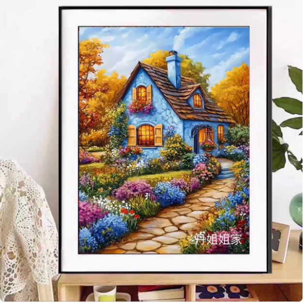 home-1154 *สินค้าหมด* ชุดปักครอสติช ลายบ้านสวยสวนดอกไม้ (ปักเต็มผืนผ้า ไม่มีเดินเส้น ผ้า11CTพิมพ์ลาย ปัก 3 เส้นเล็ก) ขนาด 50*65 ซม.ผ้าครอสติช 11CTพิมพ์ลายปักบนผ้า ไหมคอตตอน 51 สี ผังลาย เข็ม