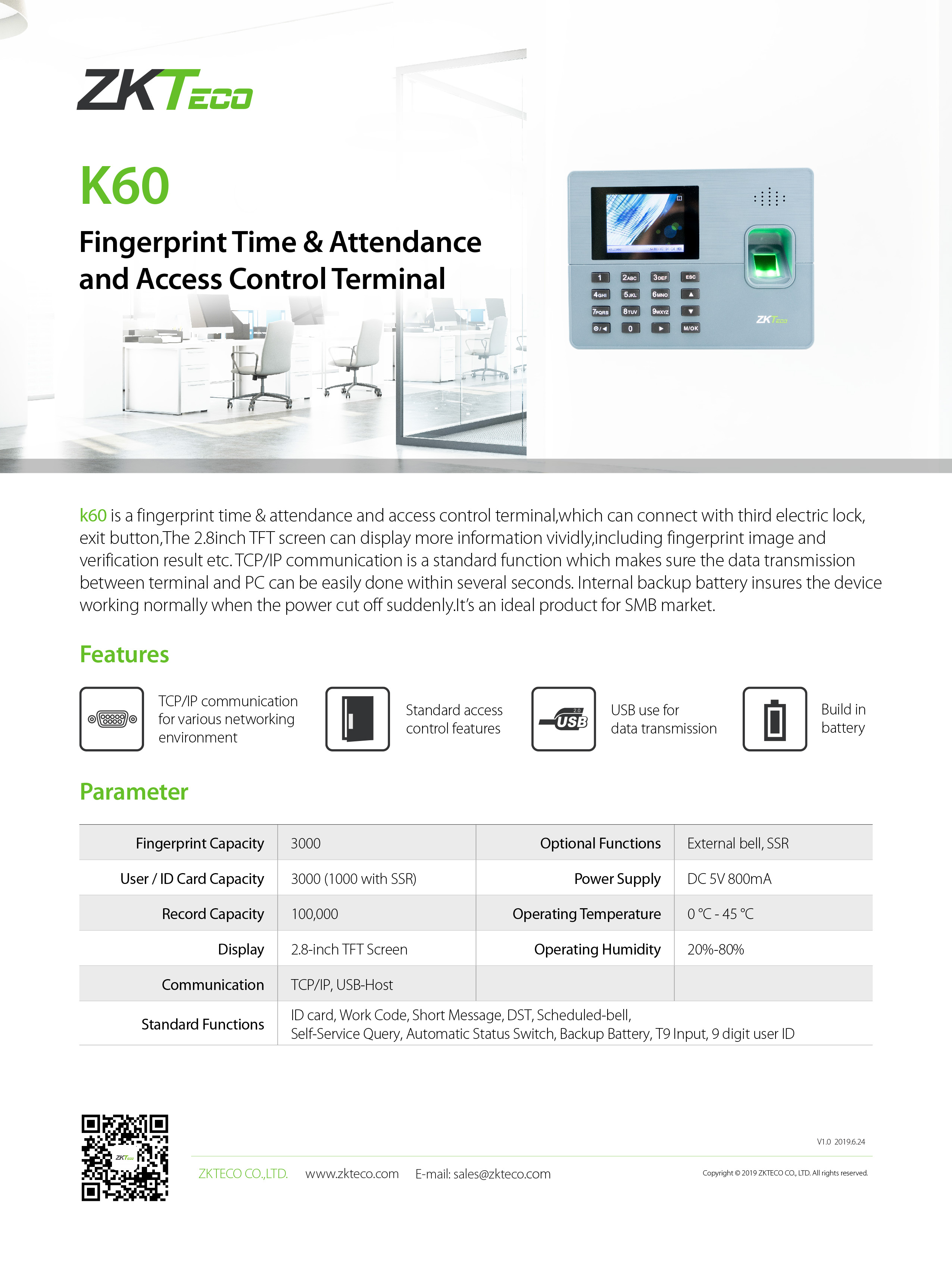 ZKTECO K60 Time Attendance เครื่องสแกนลายนิ้วมือ รองรับ 3,000 ลายนิ้วมือ / 3,000 บัตร ควบคุมประตูเปิด-ปิด BY BILLIONAIRE SECURETECH K60
