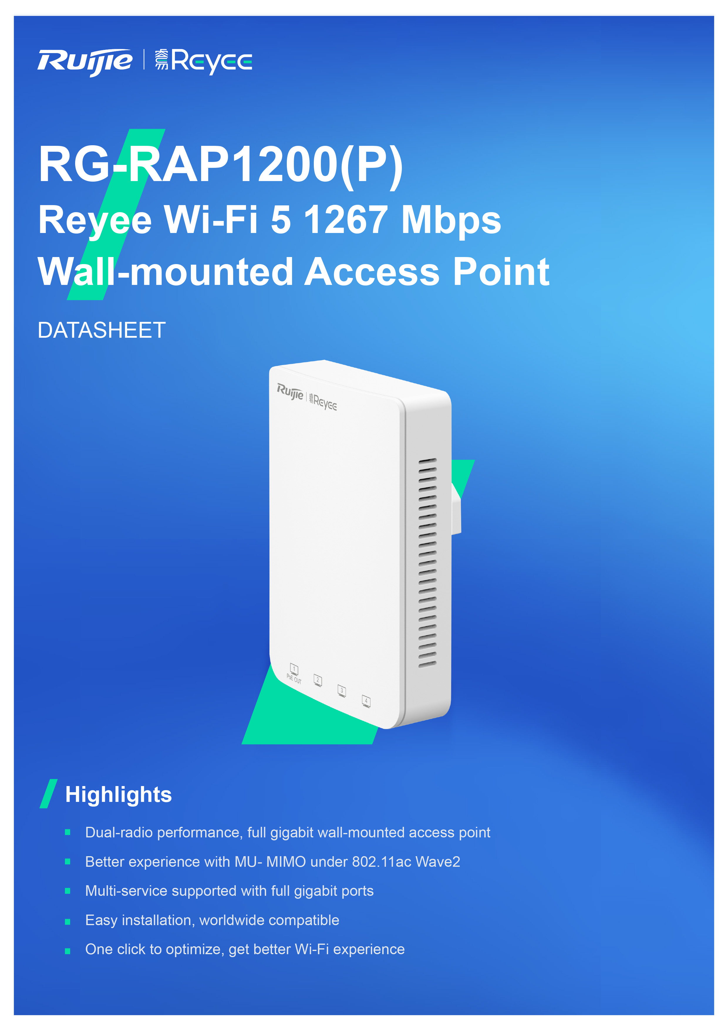 RUIJIE RG-RAP1200(P) WALL-MOUNTED ACCESS POINT Wi-Fi 5, 1267Mbps, 5*GE, PoE Passthrough BY BILLIONAIRE SECURETECH RG-RAP1200(P)