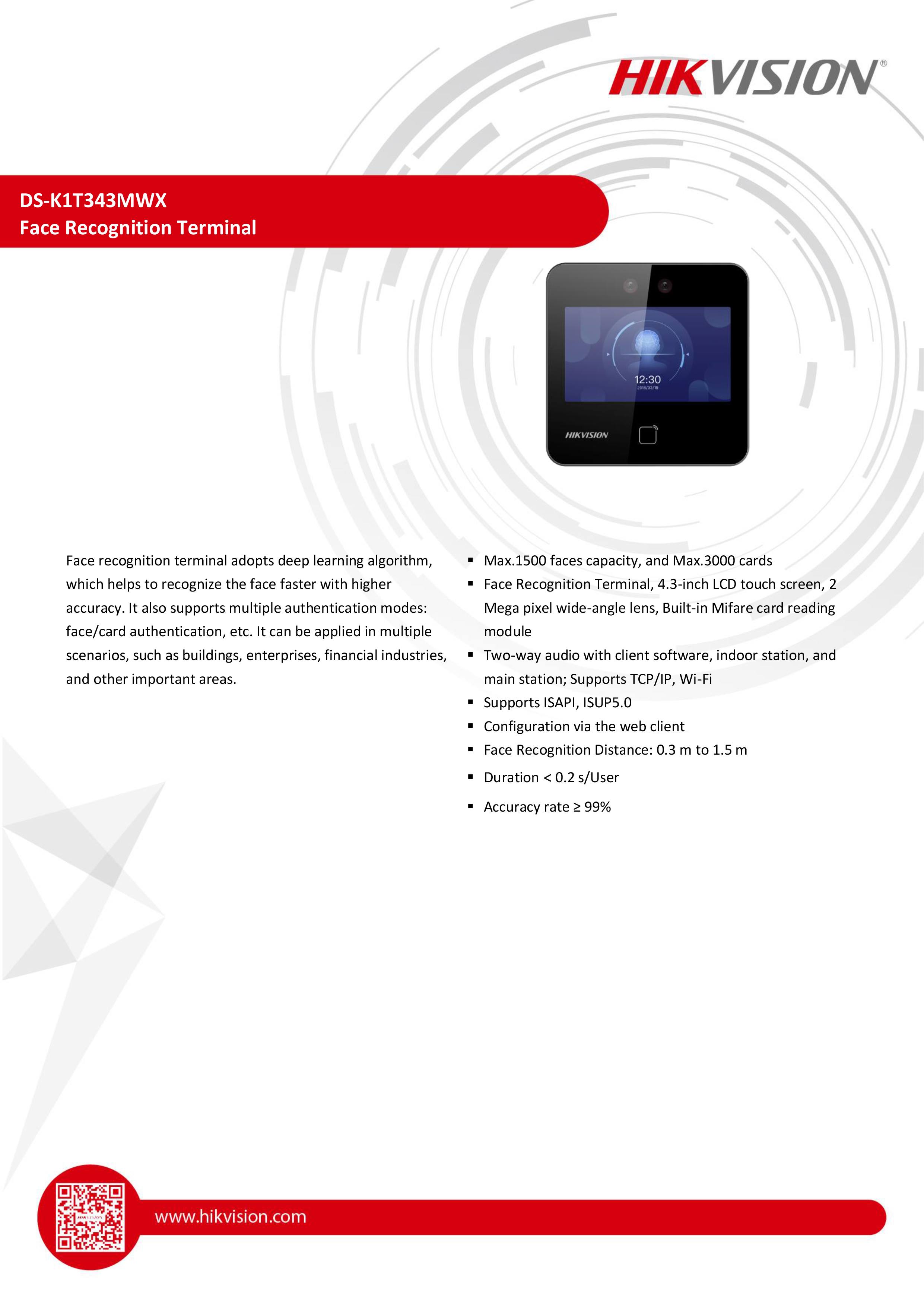 HIKVISION DS-K1T343MWX FACESCAN เครื่องสแกนใบหน้า จดจำได้สูงสุด 1500 ใบหน้า BY BILLIONAIRE SECURETECH DS-K1T343MWX