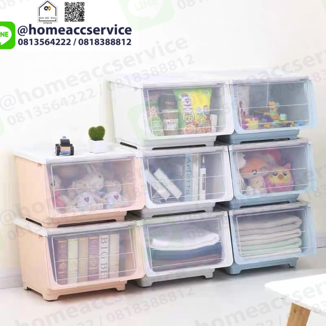 ชั้นวางของ กล่องเก็บของ ลังพลาสติก ฝาหน้า ต่อสูงได้ขนาด 33x43x20, 30,40- Shelves, Storage boxes 33x43x20, 30,40 cm