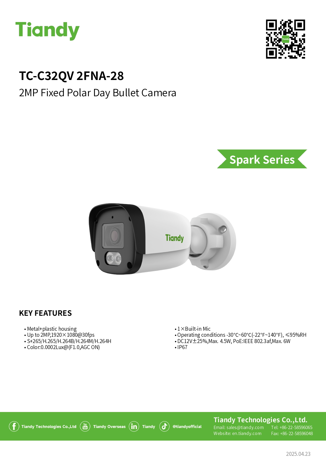 TIANDY TC-C32QV 2FNA-28 (2.8MM.) กล้องวงจรปิด IP Canera 2MP WDR, IP67, มีไมค์ในตัว BY BILLIONAIRE SECURETECH TIANDY TC-C32QV 2FNA-28 (2.8MM.)