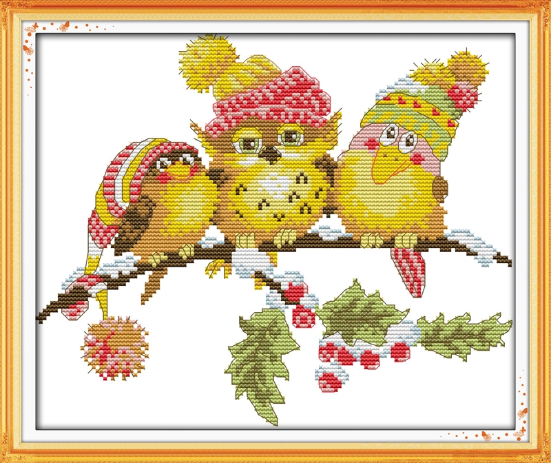 owl-1007 *พร้อมส่ง* ชุดปักครอสติช ลายเพื่อนนกฮูก (ผ้า11CTพิมพ์ลาย ปัก 3 เส้นเล็ก) ขนาด 39*33 ซม.ผ้าครอสติช 11CTพิมพ์ลายปักบนผ้า ไหมคอตตอน 11 สี ผังลาย เข็ม