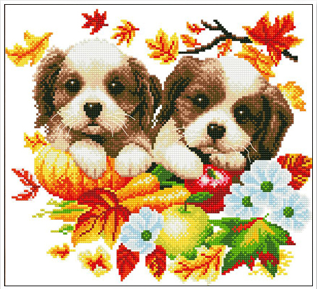 dog-1103 *สินค้าหมด* ชุดปักครอสติช ลายคู่น้องหมา (ปักครั้งละ 3 เส้นเล็ก) ขนาด 40*37 ซม.ผ้าครอสติช 11CTพิมพ์ลายปักบนผ้า ไหมคอตตอน 22 สี ผังลาย เข็ม